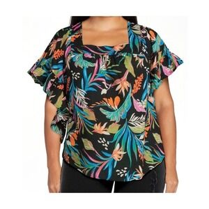 Women's Cotton Plus OX Square Neck Tropical‎ Floral  Peasant Top Summer Festival